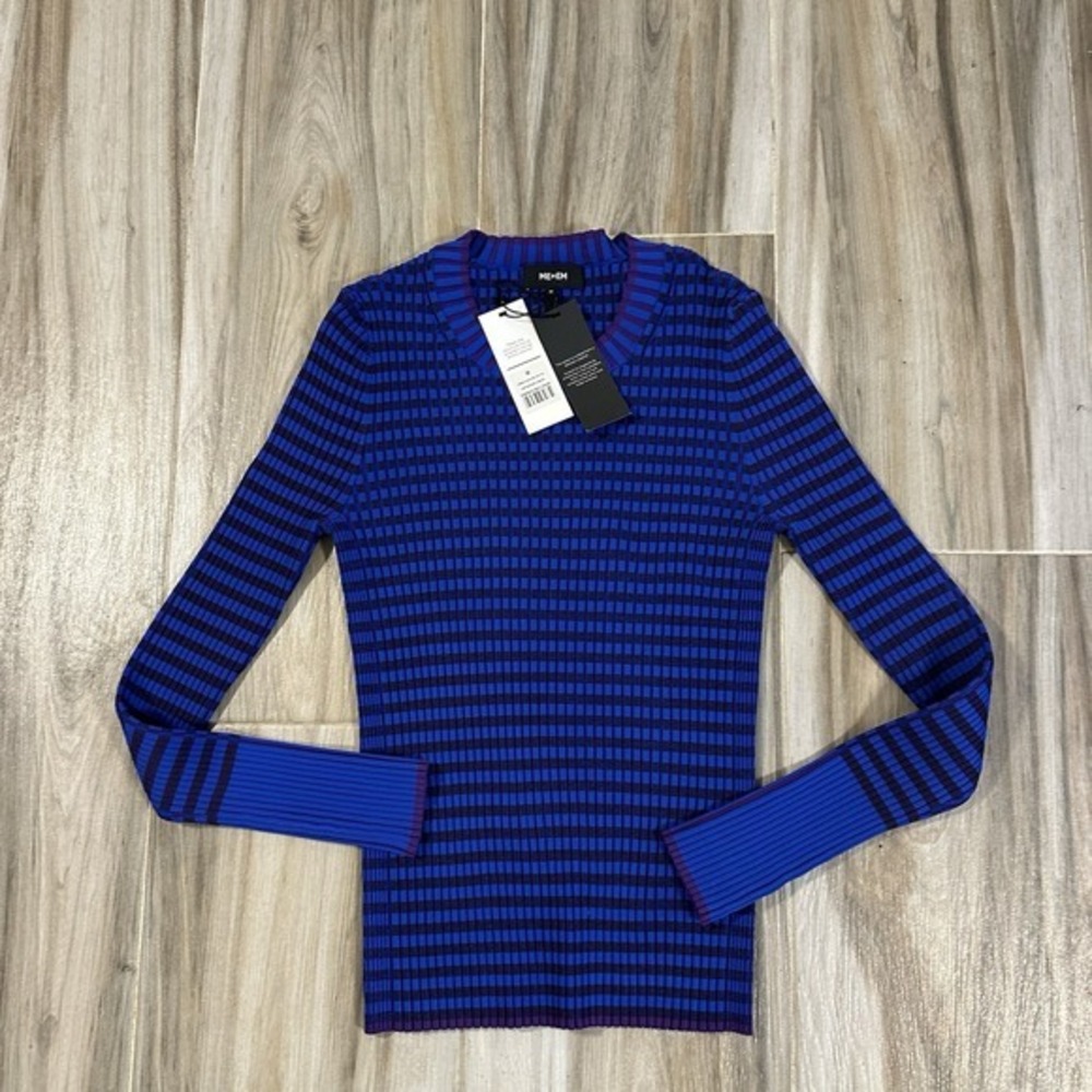 ME & EM Long Sleeve Top SZ‎ M Blue Purple Crew Neck Ribbed Check Slim Maximalist